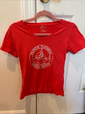 Women's Red V-Neck Short Sleeve Tee with White Galapagos Emblem